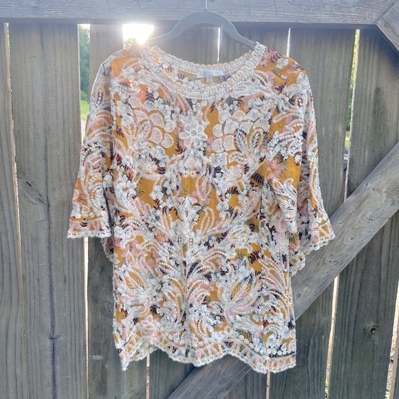 Solitaire by Ravi Kholsa Boho Mustard Yellow Allover Florak Embroidered Blouse - Picture 1 of 7